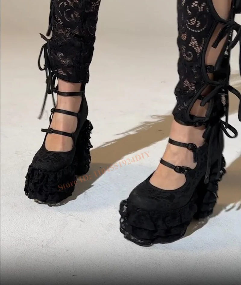 

Frill Lace Pump In Black Chunky High Heels with Ankle Buckle Straps Hollow Out Design for Women Pumps High Heel Shoes