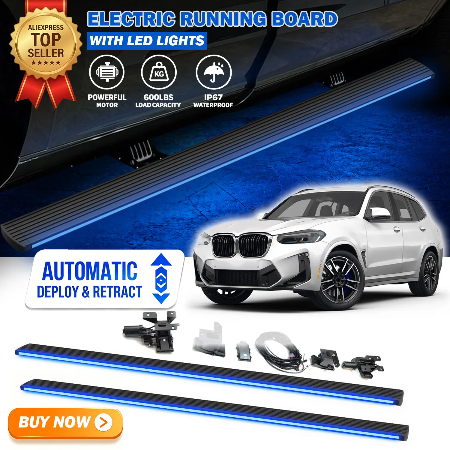 Fits For BMW X3 2012-2025 Deployable Power Electric Running Boards with LED Light Strips Side Step Nerf Bars