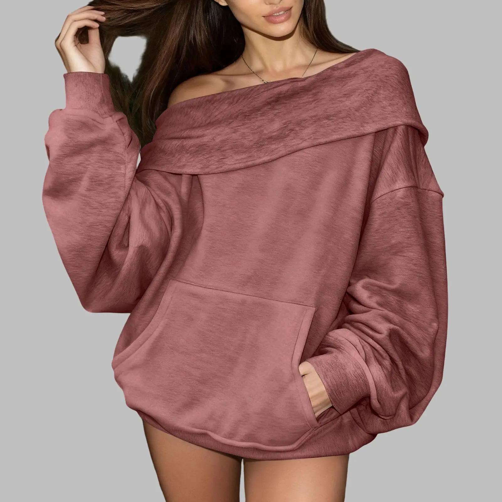 เสื้อสเวตเชิ้ตแขนยาวสีทึบ เสื้อสเวตเตอร์แบบสวมไหล่หลวมๆ เสื้อสเวตเตอร์ลำลองแฟชั่นสำหรับผู้หญิง เสื้อสตรี