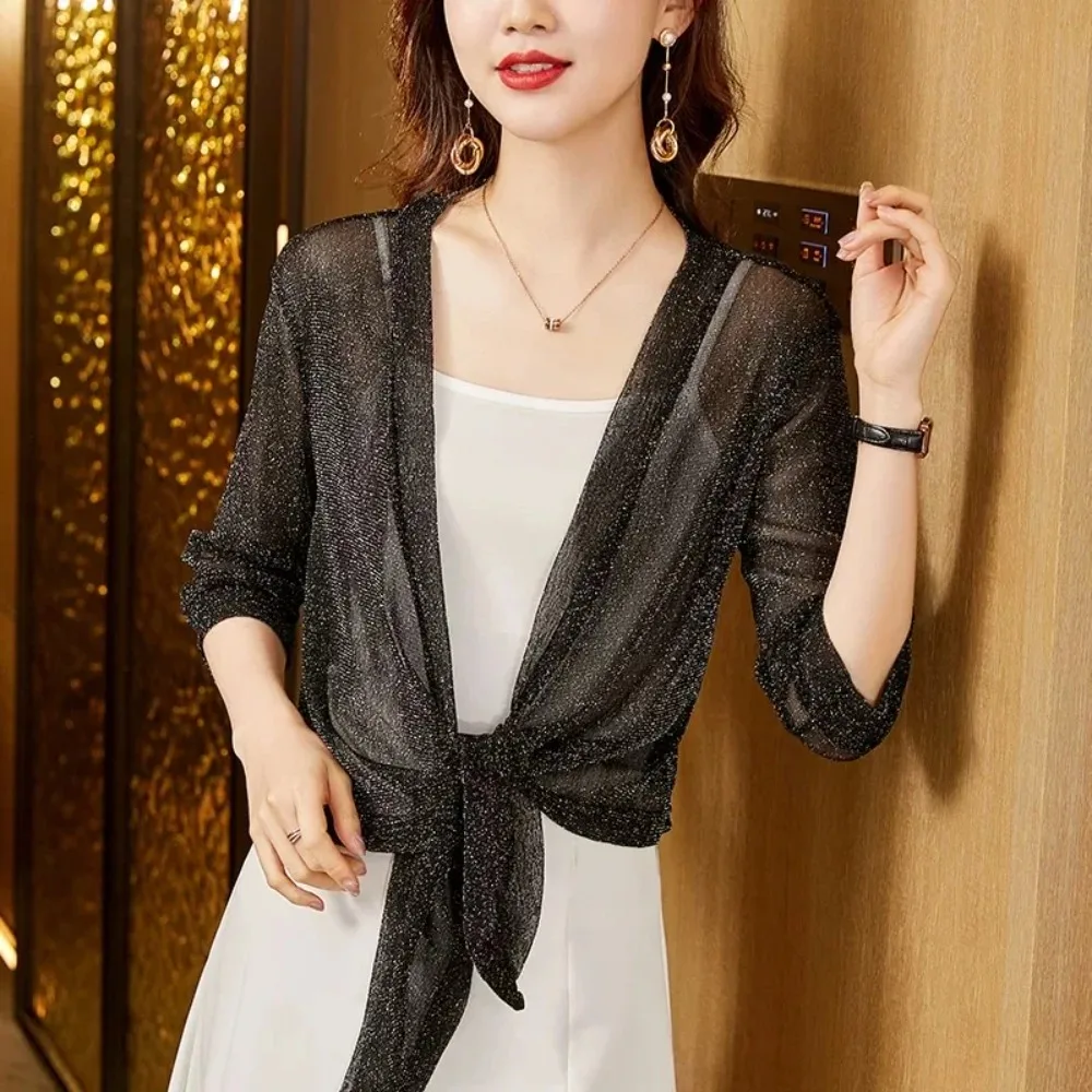 Trendy Short Jacket Half Sleeve See-Through Loose Fit Summer Lace Short Jacket Sunscreen Coat Blusas Mujer Women Tops