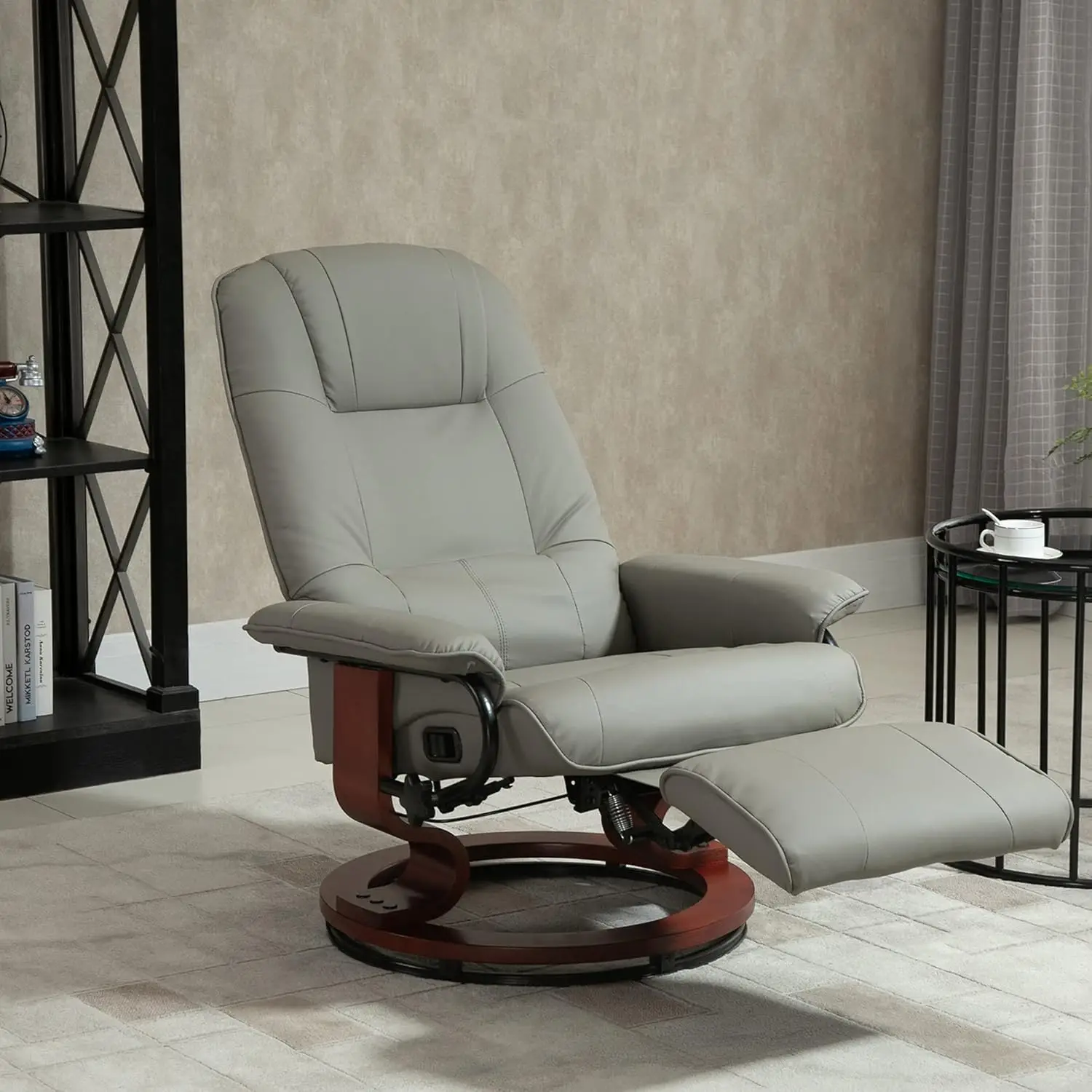 HOMCOM Faux Leather Manual Recliner, Adjustable Swivel Lounge Chair with Footrest, Armrest and Wrapped Wood Base