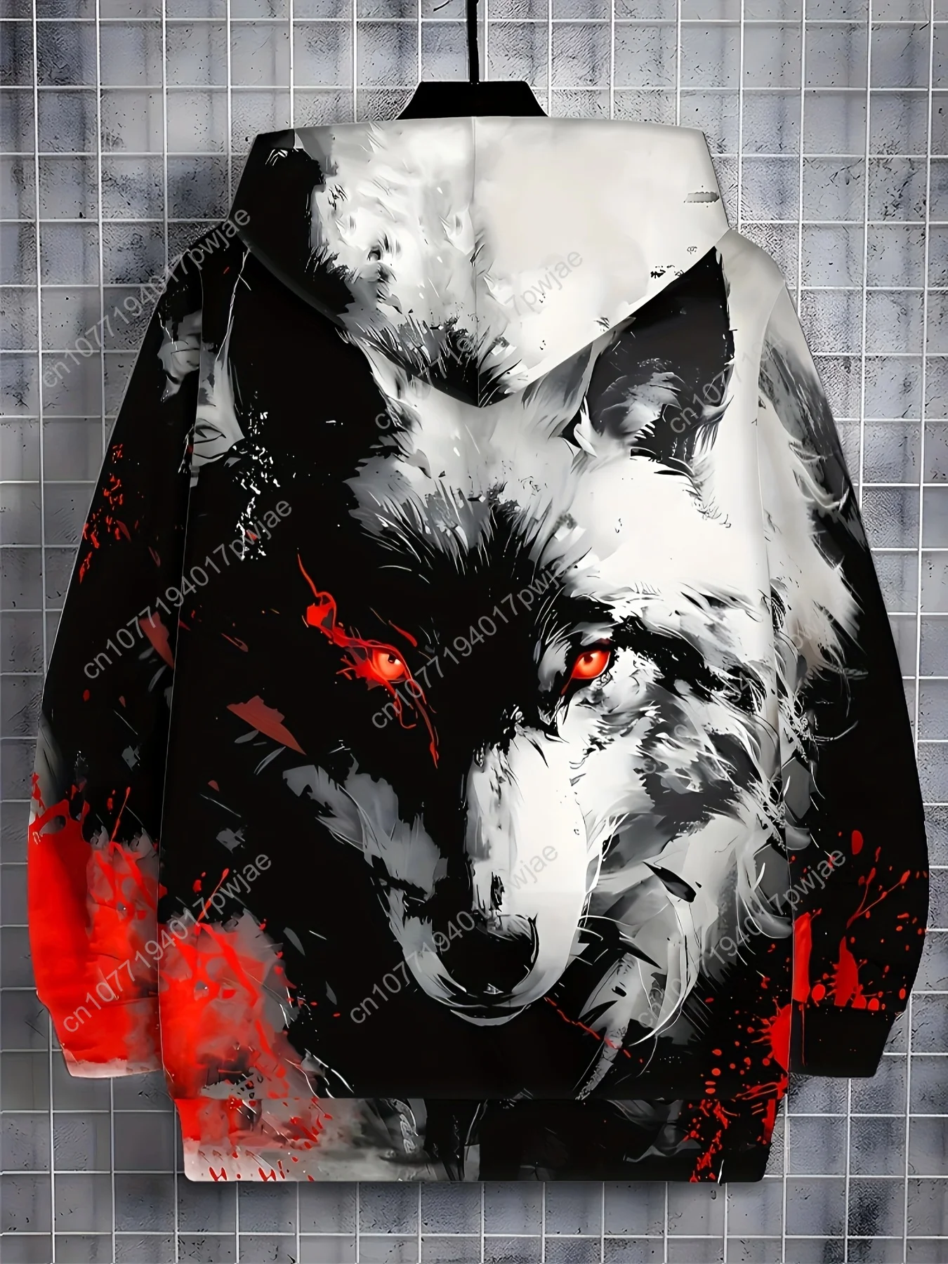 Giacca da uomo con cappuccio e zip intera - Grafica di lupo nero/rosso/bianco, cappuccio con coulisse e tasche laterali - Capispalla leggero per l'escursionismo,