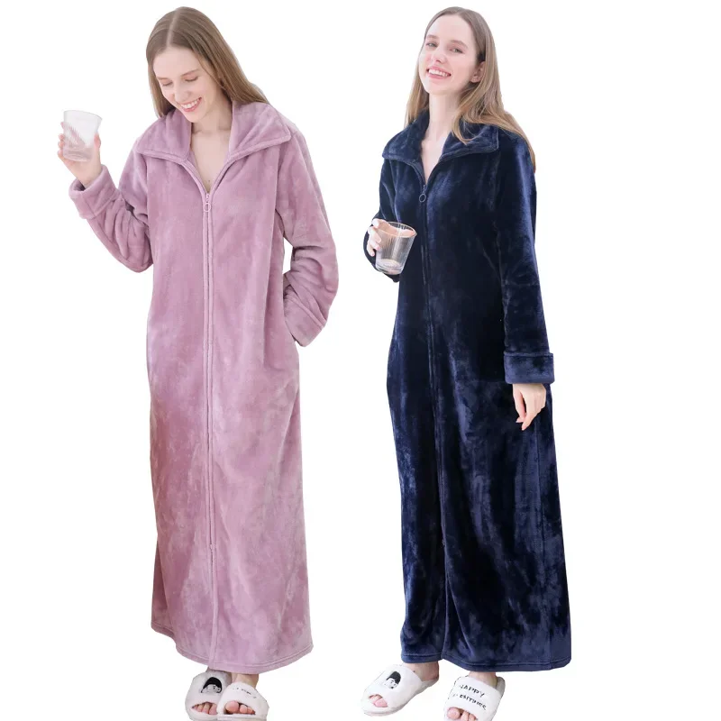 Women Ultra Long Plus Size Thick Warm Bathrobe Lovers Winter Thermal Flannel Bath Robe Men Robes Pregnant Zipper Dressing Gown