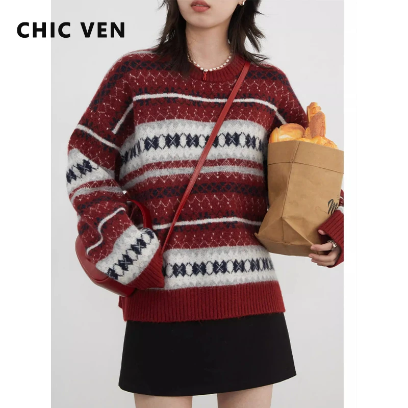 

CHIC VEN Fashion Women Sweaters O Neck Loose Casual Contrast Jacquard Knitted Jumpers Ladies Pullovers Autumn Winter 2026