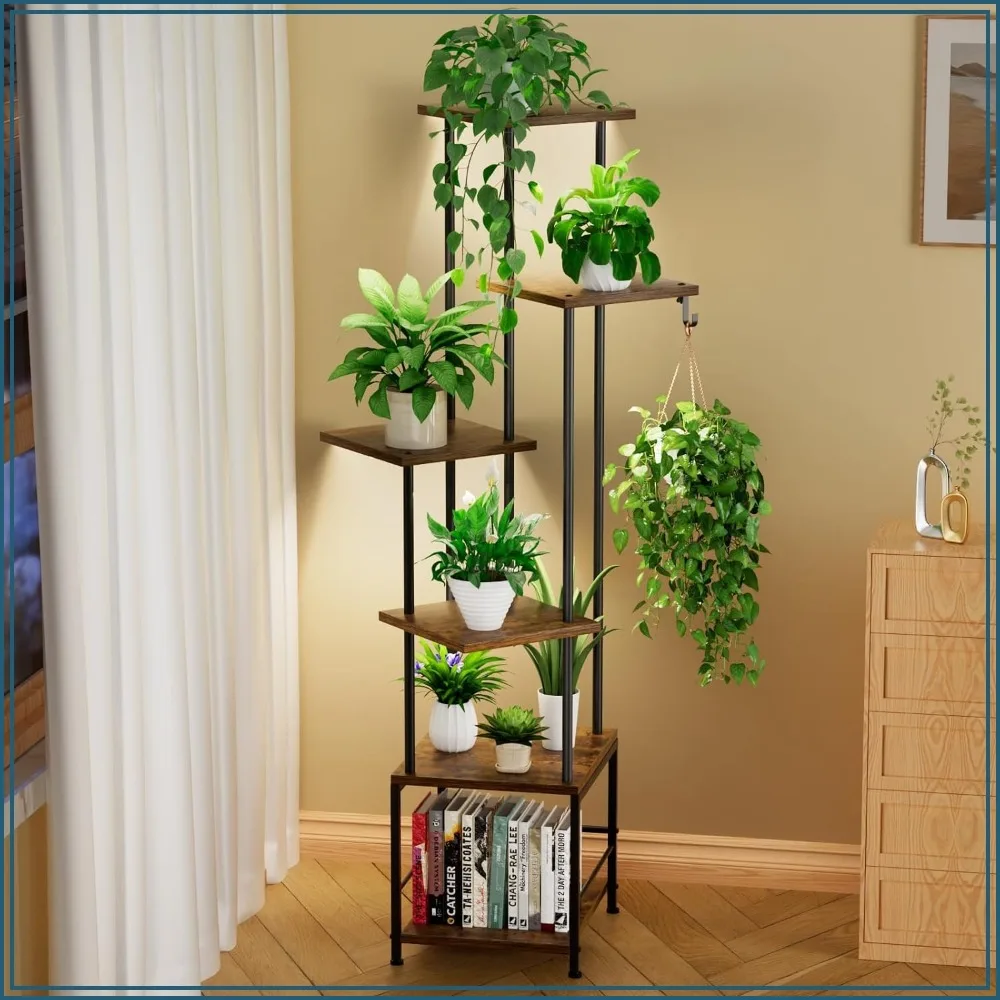 

6-Tier Plant Stand Indoor with Grow Light, Metal Shelf with Hanging Hook for Living Room Balcony, Rustic Brown