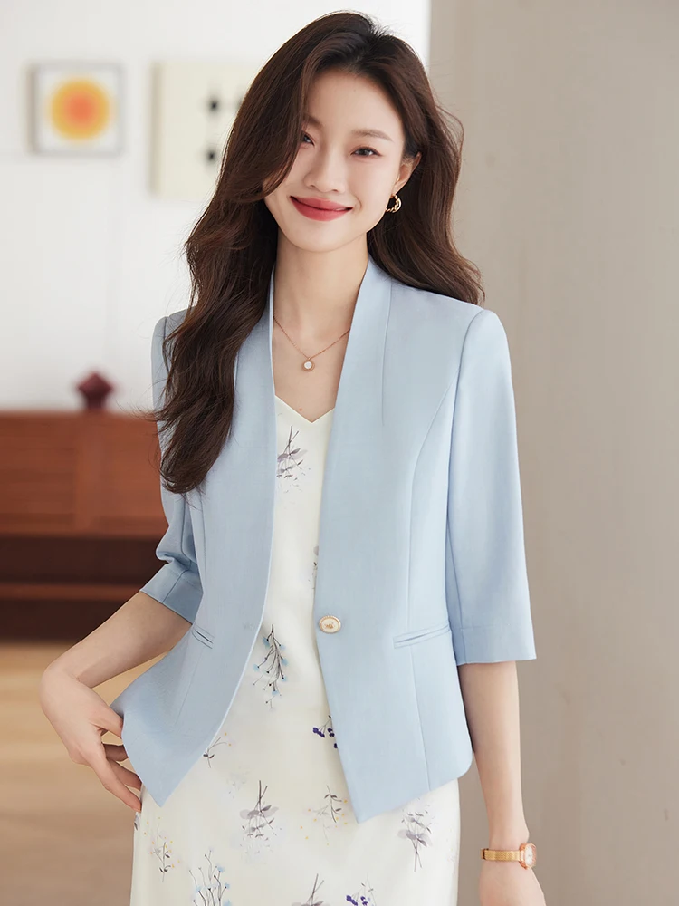 Light Blue Sleeveless Women's Suit Jacket Casual Thin Style V-Neck Button Design Polyester Fiber Commute Fashion Summer New