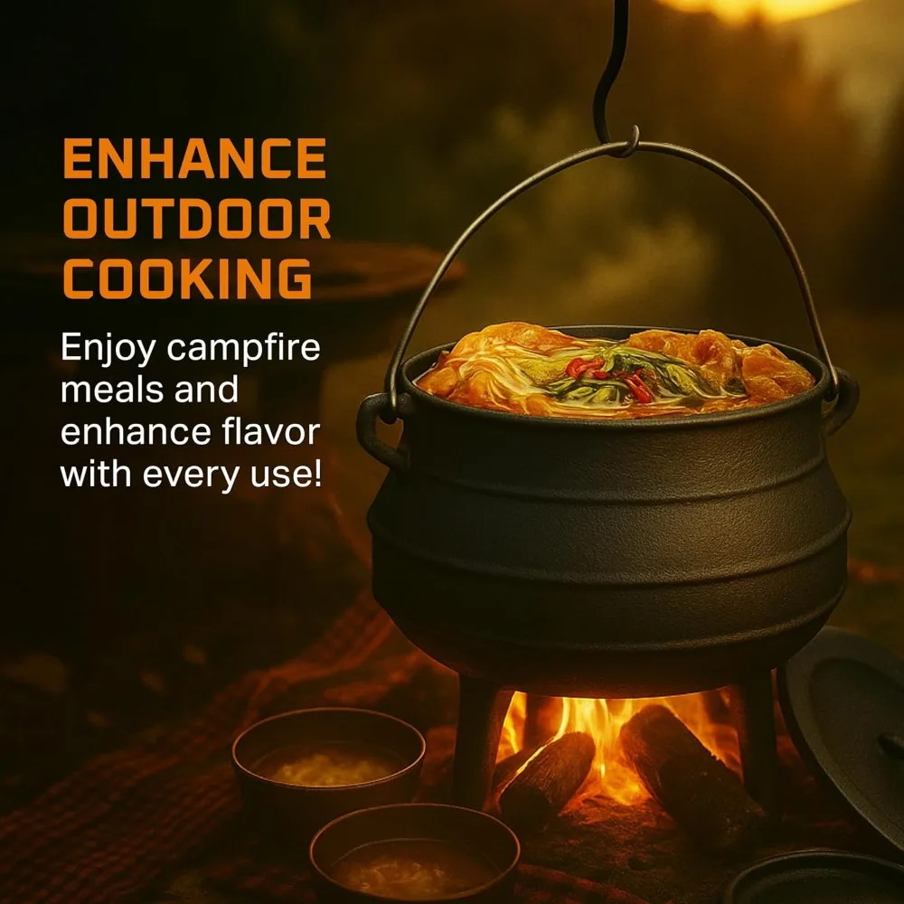 وعاء بوتجي أفريقي سعة 6 لتر من الحديد الزهر مع غطاء فرن هولندي للتخييم في الهواء الطلق ومطهر الطبخ الناري