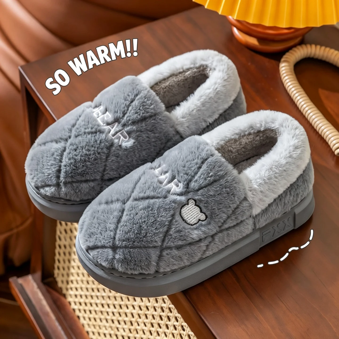 Winterwarme Hausschuhe für Damen und Herren, niedliche Bären-Plüschfütterung, Innensohle, dicke, weiche Sohle, flauschig, bequemes Hausschuh-Set – Detail 12