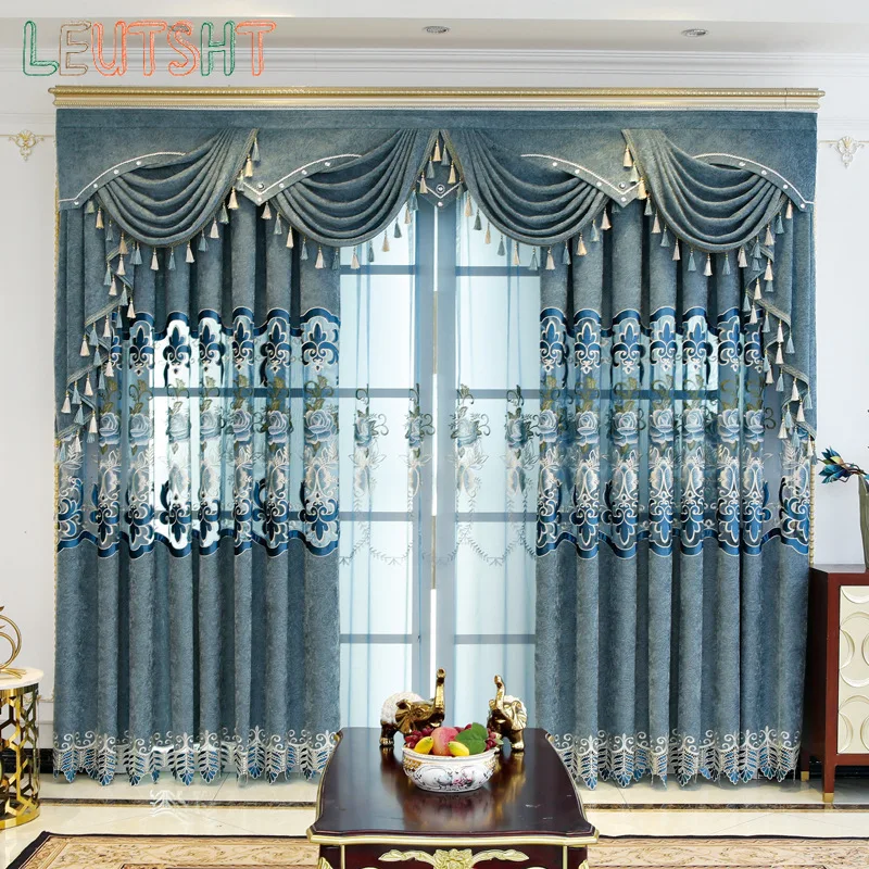 

Custom Size European Blue Living Room and Bedroom Water-soluble Chenille Hollow Embroidered Floor-standing Blackout Curtain