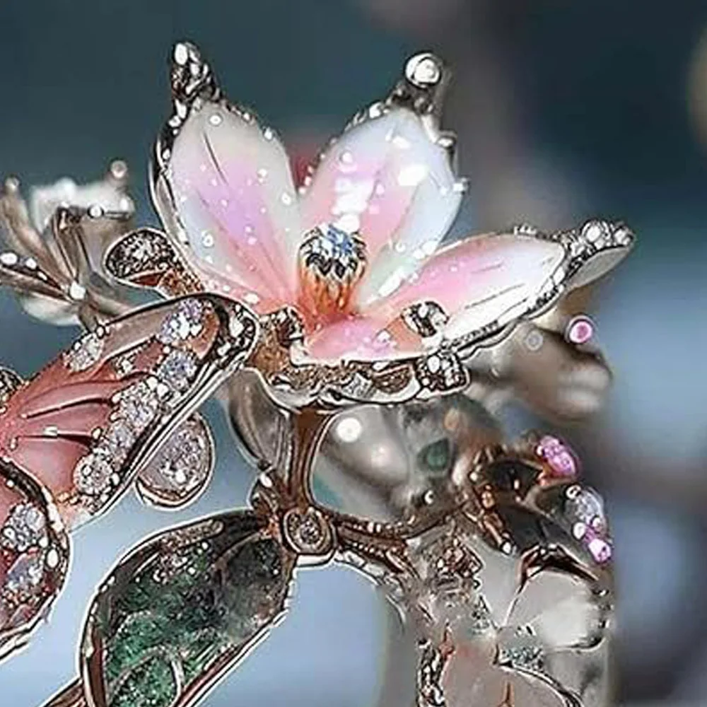 Ladies Open Adjustable Pink Vintage Fashion Delicate Flash Diamond Drop Butterfly Flower Ring Jewelry Gifts For Woman