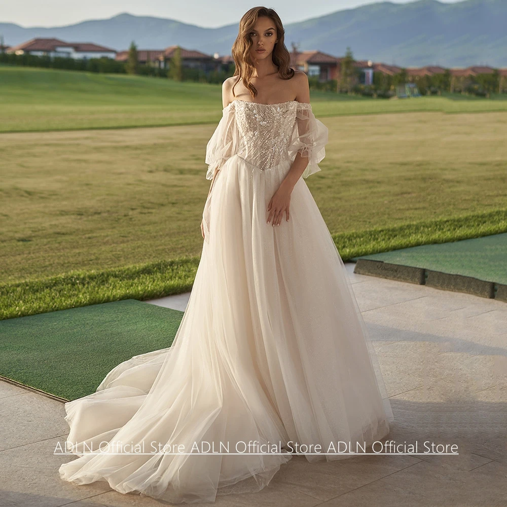 Customized Wedding Dress Bridal Gown New Arrival Puff Sleeves Boat Neck Beading Sequined Sweep Train Illusion Bride Dress