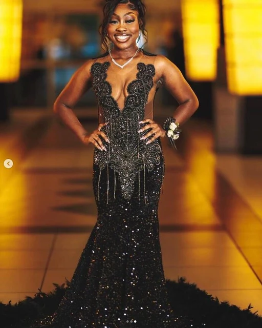 Sparkly Black Girl Mermaid Prom Birthday Queen Dresses Sheer Mesh Neck Gillter Beaded Feather African Evening Occasion Gown AliExpress