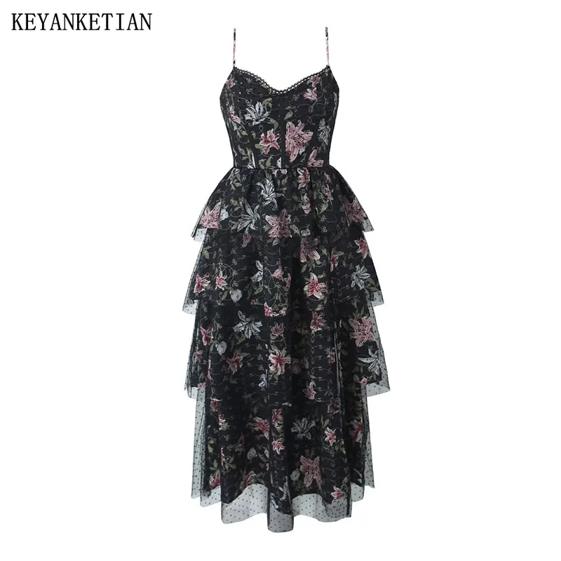 KEYANKETIAN 2024 New Launch Women Floral Print Lace Halter Dress Bohemian Tiered Ruffles Slit Ball Gown Fairy A Line  MIDI Dress