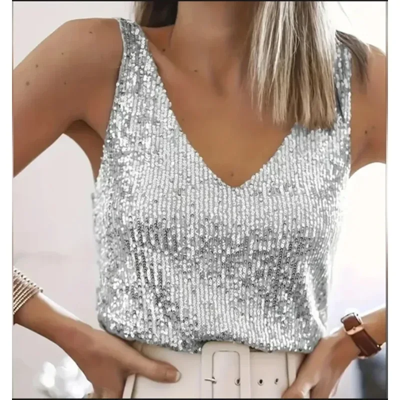 Quicktrade foreign trade explosion models Europe and the United States sexy ladies sequins summer light mature sexy V-neck