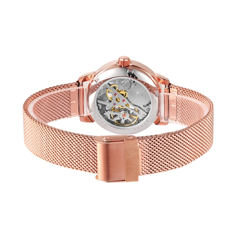 High-End, Visually Appealing Women's Mechanical Watch - Rose Gold Stainless Steel Mesh Band, Transparent Roman Numeral Dial and Visible Mechanical Movement, Perfect Gift for Her, No Batteries Required