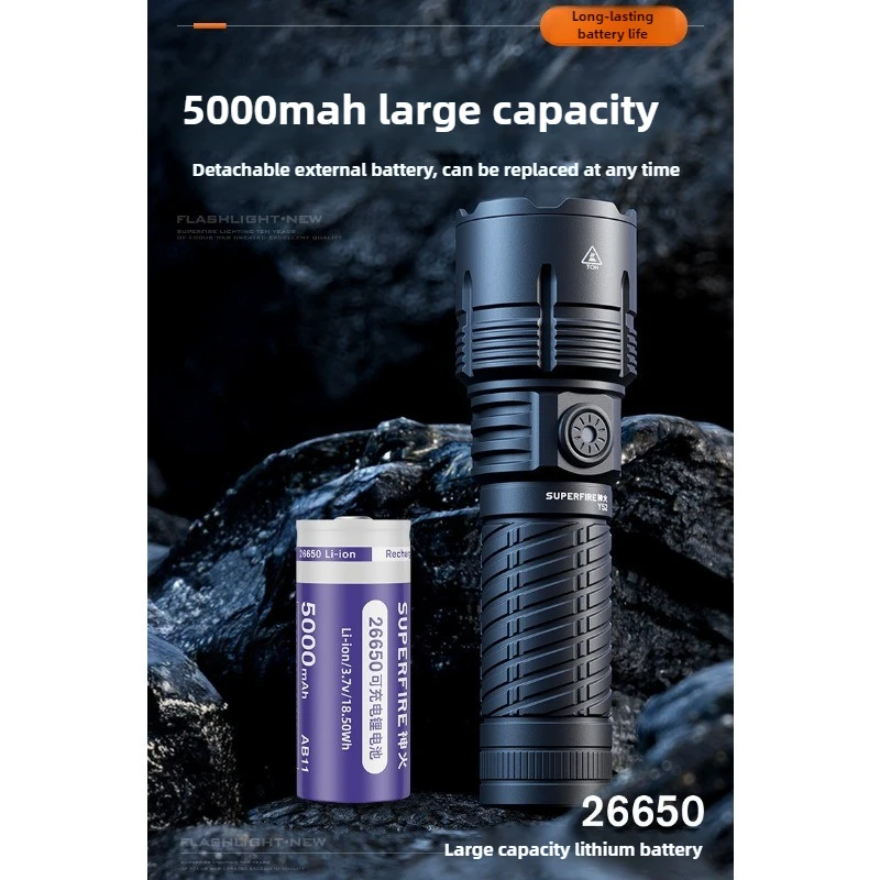 ไฟฉายระยะไกลพิเศษ 750 ม. 15 วัตต์ ปรับโฟกัสได้ แสงความเข้มสูง แบตเตอรี่ 5000mAh/26650 ความจุสูง ช่องเสียบ Type-C