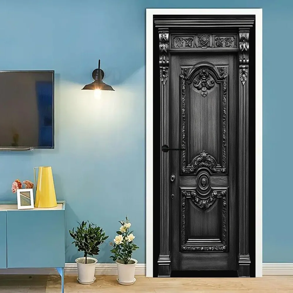 Two Elegant Black Wood Grain Door Stickers, Self-Adhesive Wall Stickers, Exquisite Details, Suitable for Bedrooms, Living Rooms,