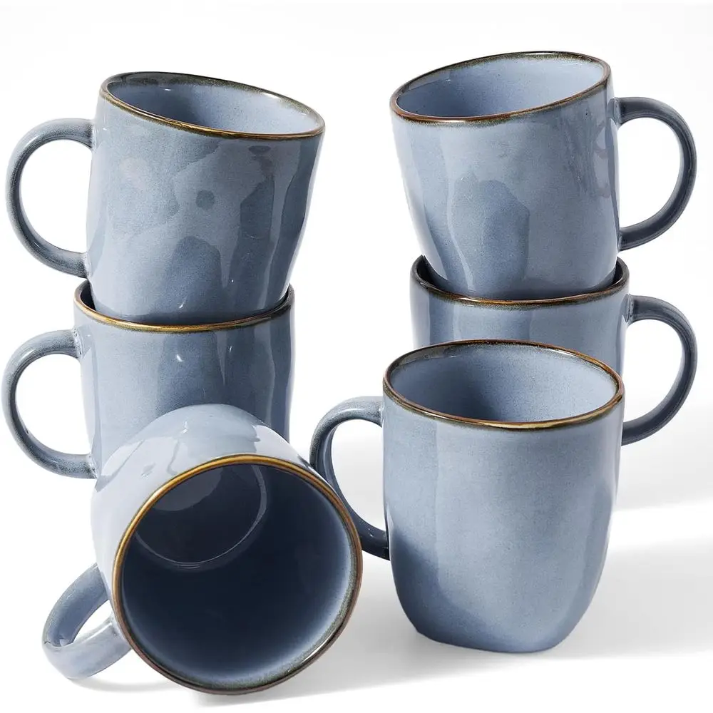 6-Piece Stoneware Coffee Mug Set, 13oz Cups with Handle, Safe for Microwave and Dishwasher, Blue