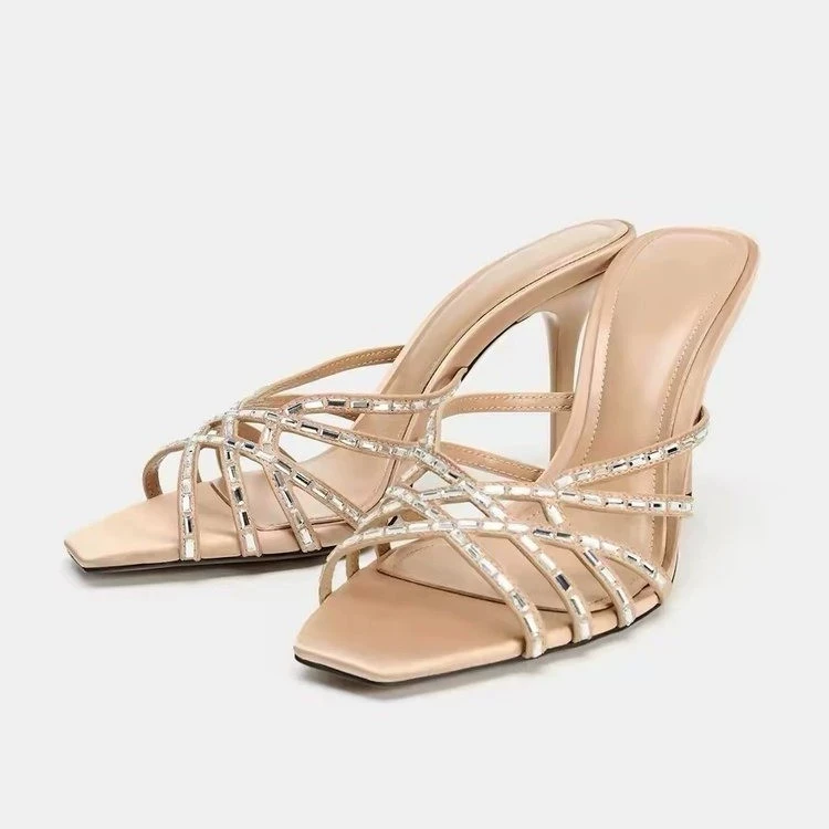 Fashion Rhinestone Cross Strap High-Heel Sandals for Women Sexy Square-Toe Open-Toe Slide Sandals Elegant Evening Dress Shoes