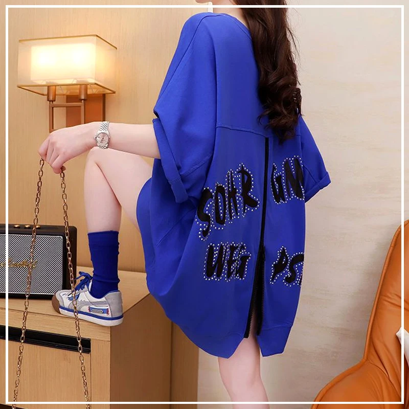 2024 New Summer Personalized Street Style Round Neck Hot Diamond Letter Print Loose Oversized Casual Back Zipper Design T-Shirt