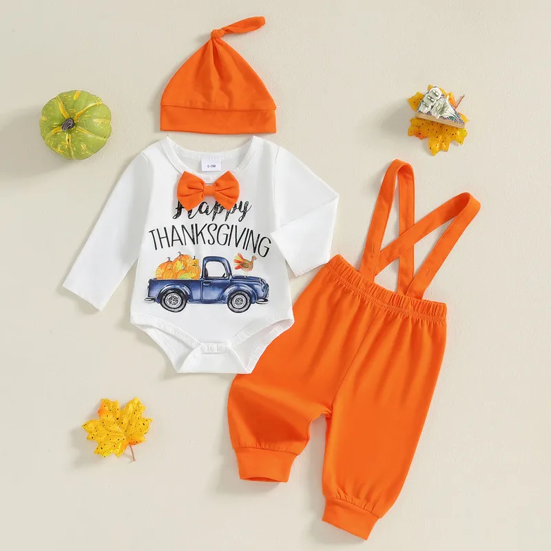 RUEWEY 0 to 18 Months Baby Boy Thanksgiving Outfits Pumpkin Letter Print Long Sleeve Romper with Suspender Pants and Hat Set