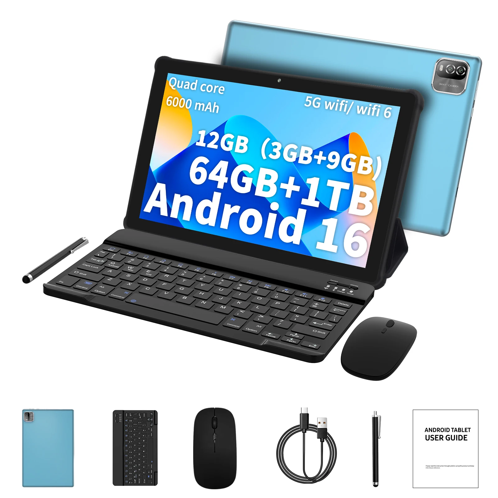 Tablette PRITOM Android 16, tablette 10 pouces avec clavier et souris, 12 Go de RAM (3+9 Go virtuels) + 64 Go de ROM + 1 To d'extension, tablette 2 en 1 avec Wi-Fi 5G + Wi-Fi 6 / Bluetooth / Certifiée GMS / Écran tactile IPS
