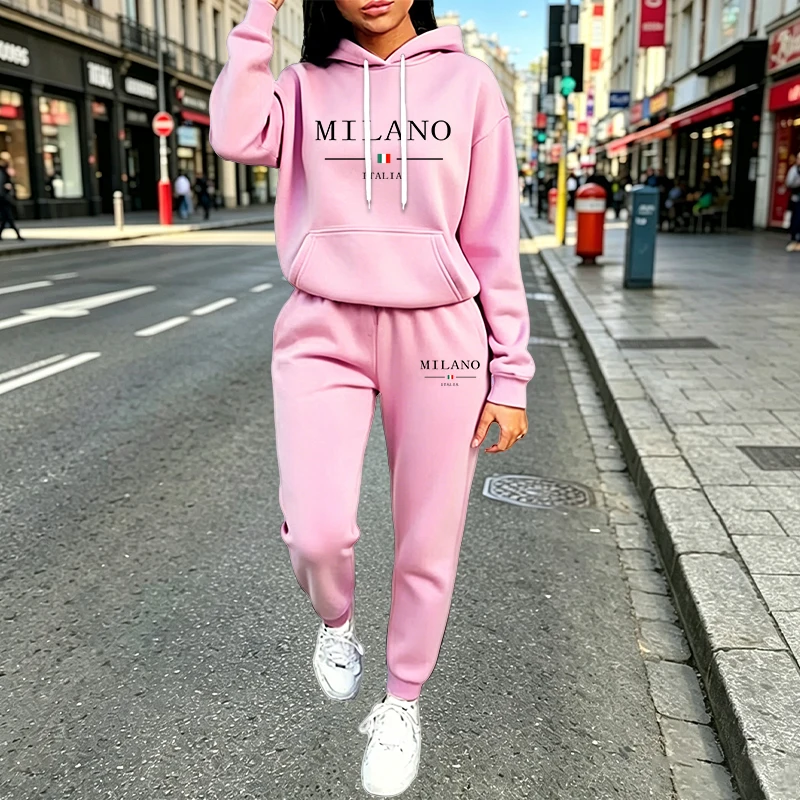 Herbst Winter Damen-Sets 2-teilig Hoodies Hosen Anzug Sportoutfits 2026 MILANO Buchstaben-Print Ästhetische Kleidung Damen Trainingsanzug – Detail 7