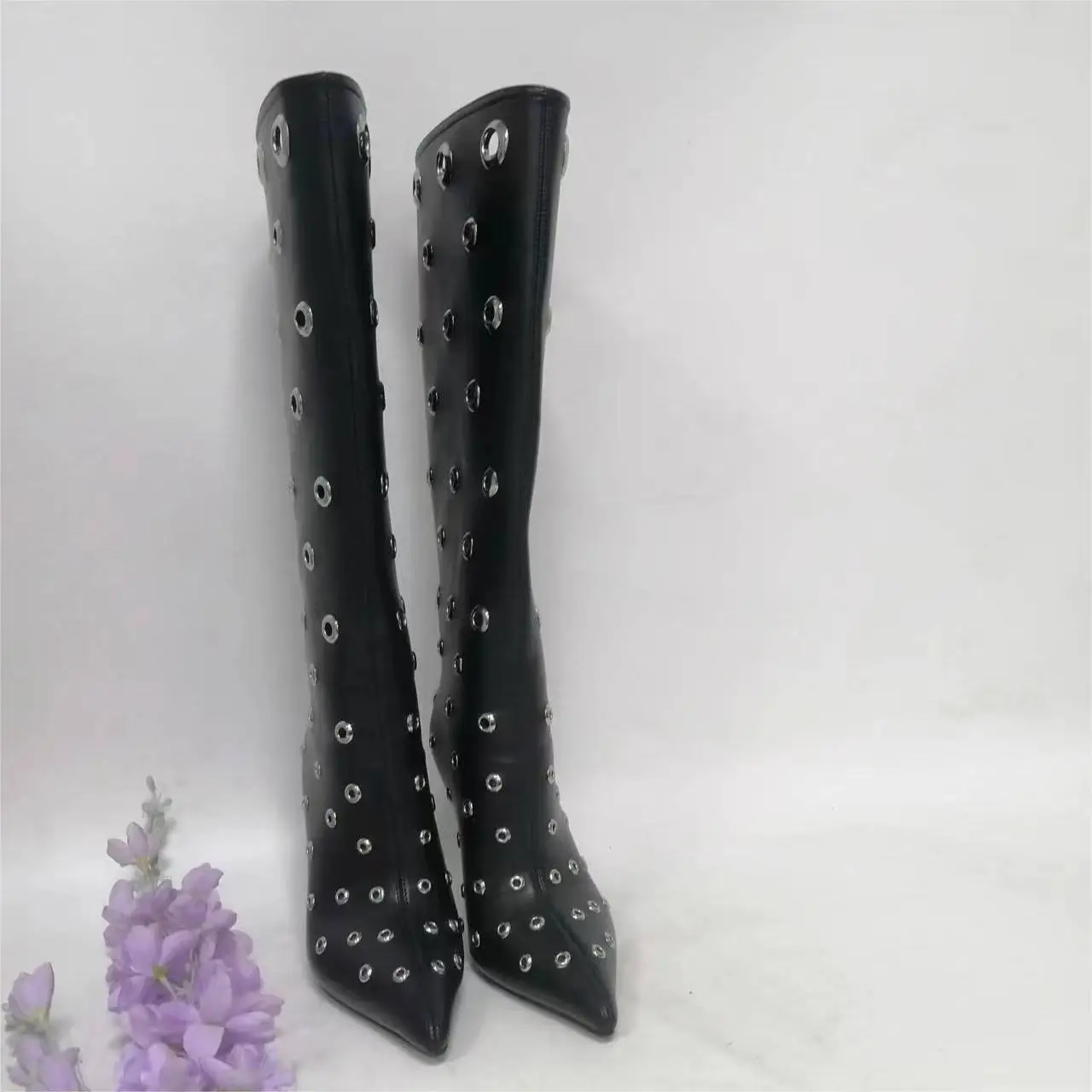 Pointed Toe Metal Hole Knee High Boots Black Leather Sexy Cool Girl Summer Booties High Heels Fashion Party Dress Shoes 2024