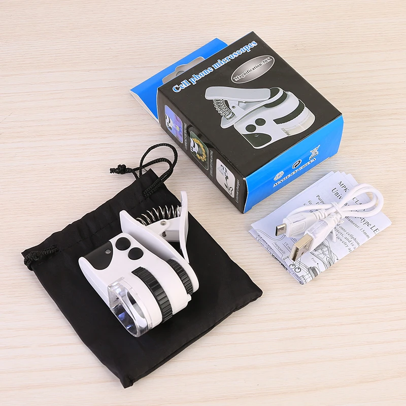 Mini microscopio clip-on per telefono LED ricaricabile USB 50X per l'identificazione di antiche e gioielli e verifica delle banconote