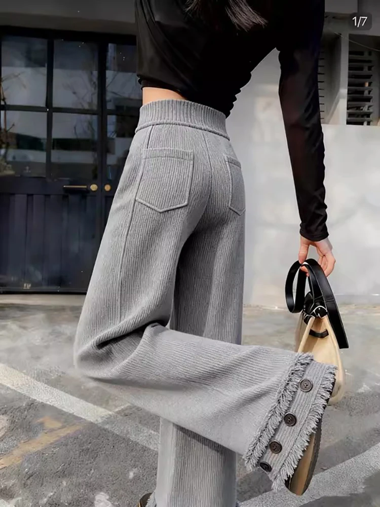 

Серые женские брюки с высокой талией и широкими штанинами, утолщенные, драпированные, повседневные, свободного кроя, прямые, весна 2026, новинка, ретро