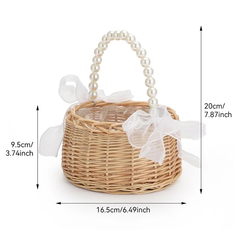 Wicker Flower Girl Basket for Weddings, Rattan Flower Basket Handmade Flower Girl Basket with Handle and Ribbon
