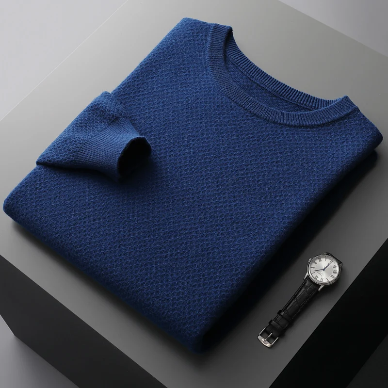 Men\'s Pure Wool Sweater Pullover Round Neck Long Sleeve Loose Husiness Casual Knitted Sweater Color Matching Autumn Winter Style