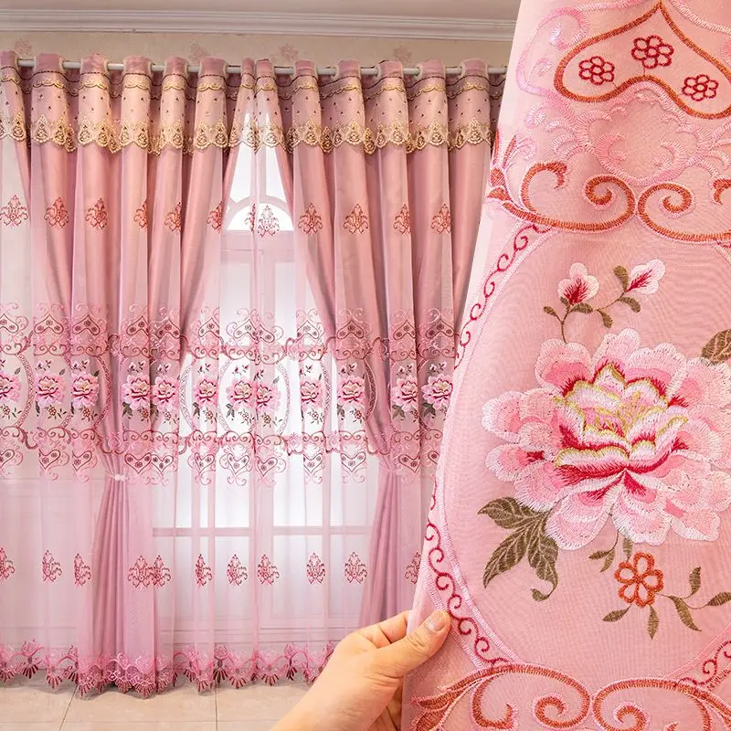 Pink European Style Double Layer Curtain Embroidered Sheer with Floral Pattern Plus Blackout Drapes for Living Room Bedroom