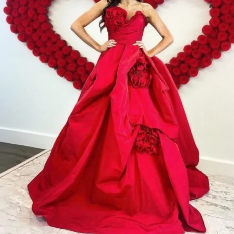 

3D Flower Ball Gown Strapless Prom Dresses Floor-Length vestidos Sleeveless Formal Evening Dress Customized