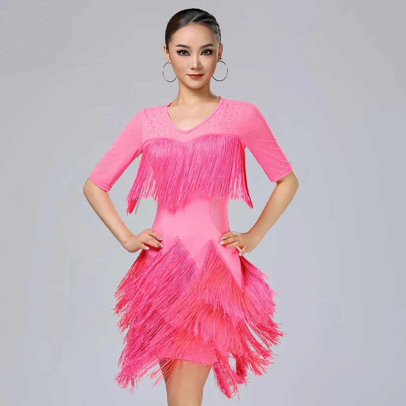 Robe de danse latine à franges Sexy haut de gamme pour femmes adultes, Costume de spectacle professionnel de Tango Samba Chacha avec détails de pompon