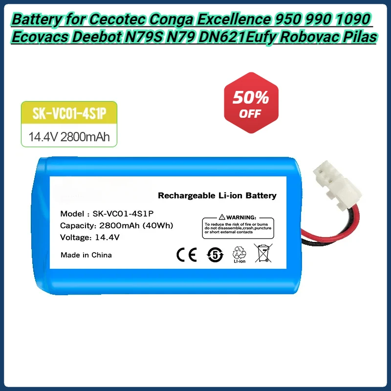 

SKOWER 14.4V 2800mAh Lithium Battery For Cecotec Conga Excellence 950 990 1090 Ecovacs Deebot N79S N79 DN621 Eufy Robovac Pilas