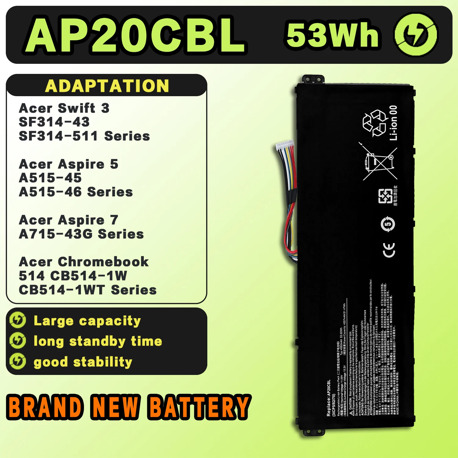 SAT AP20CBL New Laptop Batteries Replacement For ACER Swift3 SF314-43/SF314-511 Aspire5/7 A515-45/A515-46 A715-43G 11.55V-53Wh