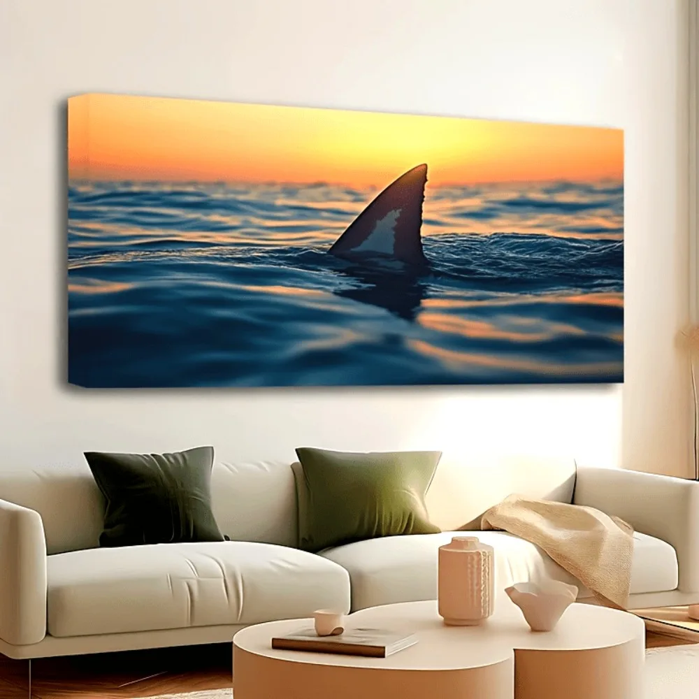 

1.5 inch thick pine frame, shark fin water ocean poster, canvas print HD photos, modern home living room bedroom decor