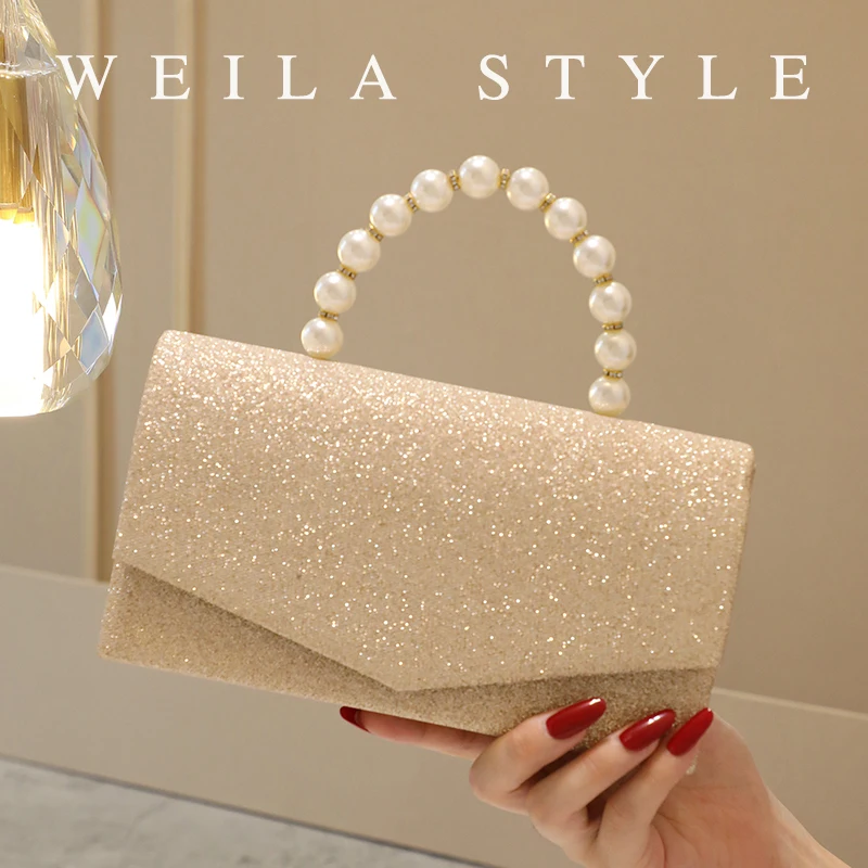 

Elegant Glitter Envelope Bag, Formal Dinner Clutch Purse, Pearl Decor Banquet Handbag for Prom Wedding Party