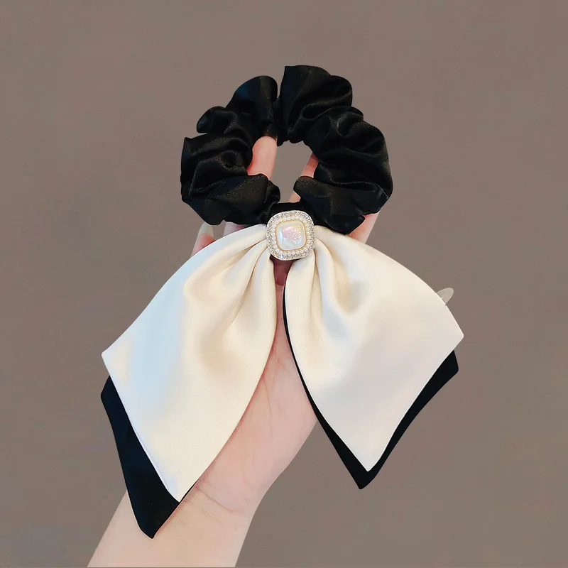 

Two Tone Satin Bow Scrunchie Square Pearl Rhinestone Elastic Hairband Silky Fabric Ponytail Holder For Fashion Women Office Lady