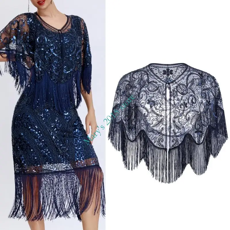 

Women Stylish Fringe Sequined Scarf Shawl Tassels Capelet Dress Accessory Shoulder Wrap For Formal Evening Party Prom Wear