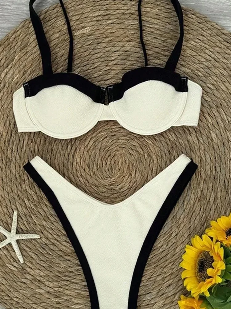 Elegante costume da bagno da donna in due pezzi, bikini tinta unita con ferretto, cuscinetti rimovibili per feste estive in piscina