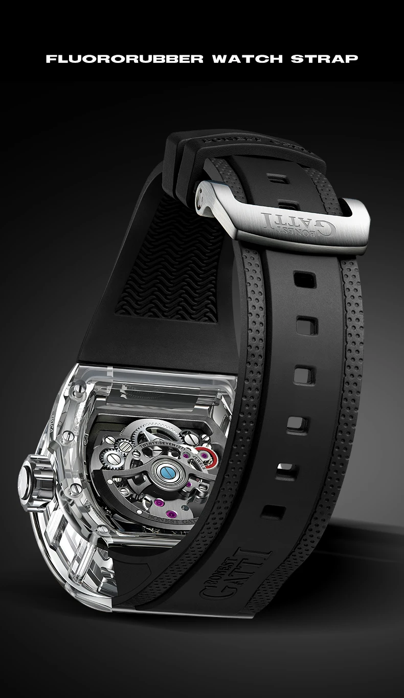 Reloj BONEST GATTI Tourbillon para hombre, reloj de pulsera mecánico automático Tonneau, caja acrílica, espejo de zafiro Lume, correa de caucho fluorado