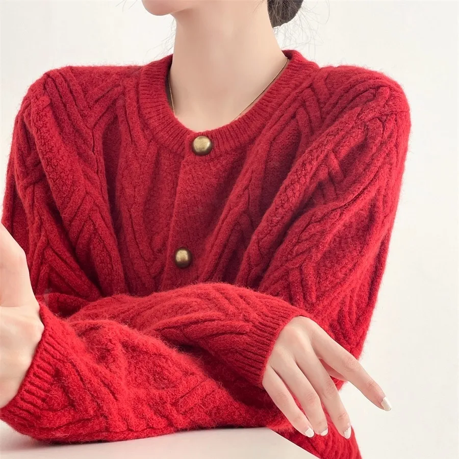 2025 Women's Warm Versatile For Autumn Winter Knitted Cardigan Woman Solid O-Neck Button Pearl Twist Flower Long Sleeve Sweater