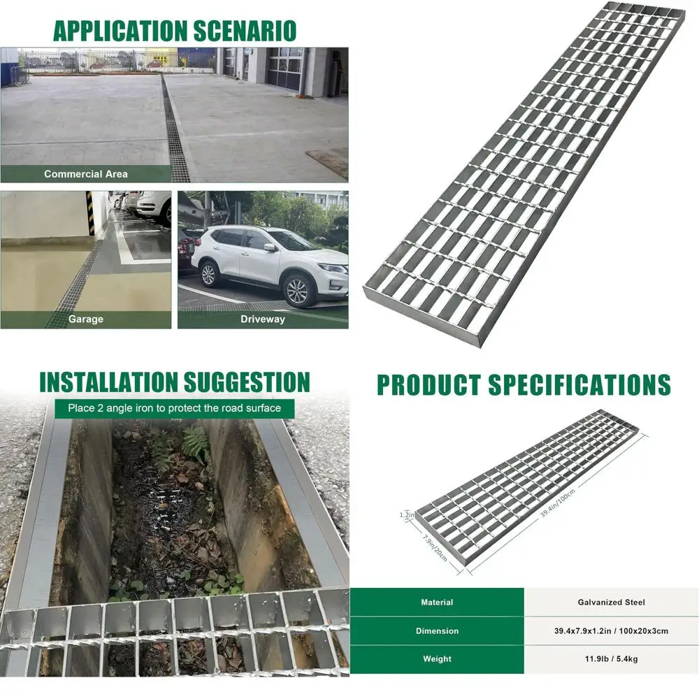 

Heavy-Duty Galvanized Steel Trench Grate, 39.4x7.9 in., Outdoor Drainage Cover for Garages, Factories, and Parking Lots