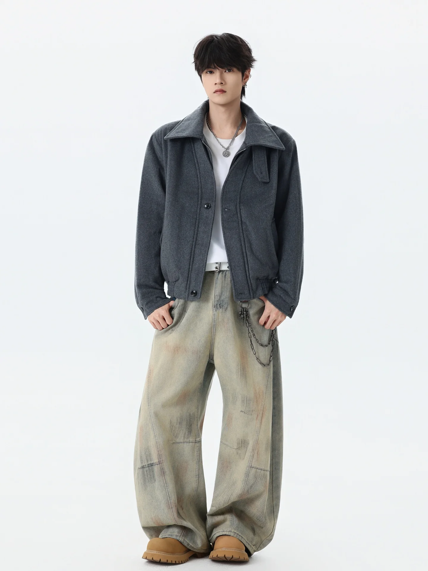Retro American Double-Breasted Fake Two-Piece Woolen Jacket Men's Design Sense Stand Collar Wide Shoulder Polyester Fiber