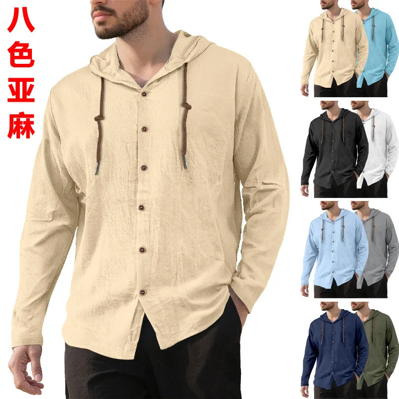 

Men's Hooded T-Shirt Cotton Linen Long Sleeve Top 2025 Spring Summer Casual Shirt​