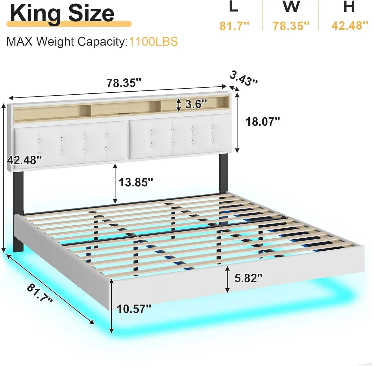 King Floating Bed Frame with Led Lights and Charging Station Modern King Size Visual Floating Platform Bed with Storage Headboar