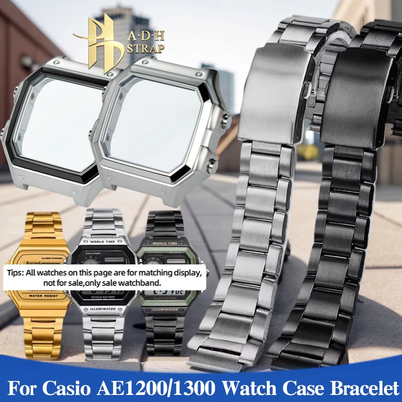 Para Casio pequeño cuadrado AE1200 AE1300 caja de reloj correa de reloj de acero modificado AE-1200/1300 pulsera de Metal de acero inoxidable correa de 18mm