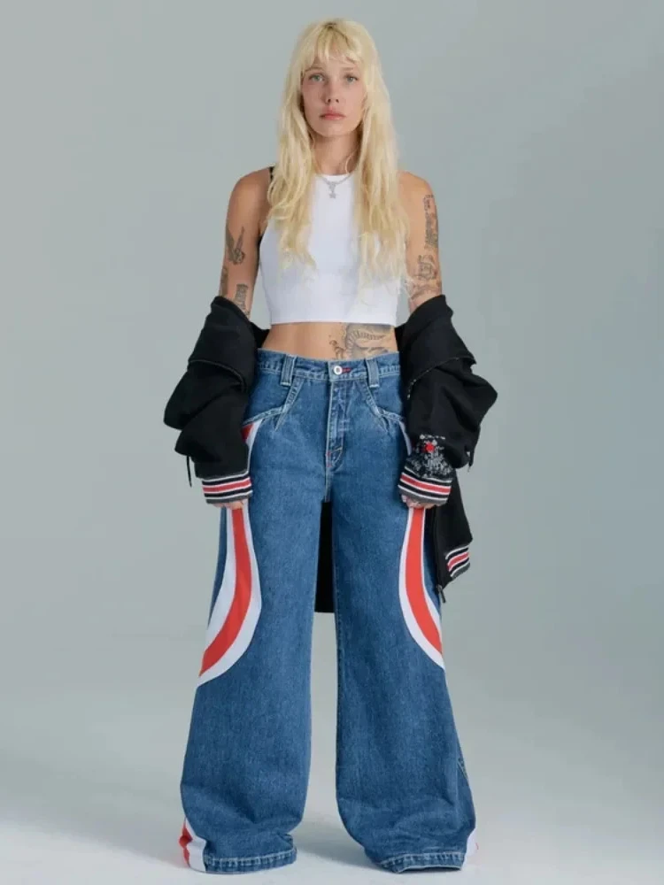 HOUZHOU-pantalones vaqueros holgados de pierna ancha para mujer, ropa de calle Harajuku, estilo coreano, Hip Hop, americano, Vintage, Y2k